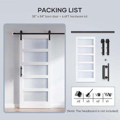 38x84 Inch Glass Sliding Barn Door Slab and 6.6ft Hardware Kit Included, 5 Frosted Glass, LVL Wood Panel Covered with White Water-Proof Scratch-Proof PVC Surface, Simple DIY Assembly