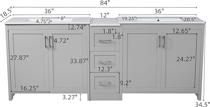 Merax 84 Inch Double Sink Bathroom Vanity with Quartz Countertop & Ceramic Basins, Bathroom Sink Vanity with Large Storage, Adjustable Shelves, 3 Drawers, Soft Close Hinges, Silver Handles, Grey