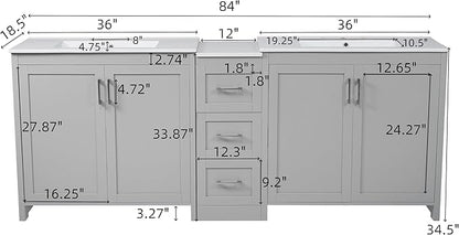 Merax 84 Inch Double Sink Bathroom Vanity with Quartz Countertop & Ceramic Basins, Bathroom Sink Vanity with Large Storage, Adjustable Shelves, 3 Drawers, Soft Close Hinges, Silver Handles, Grey