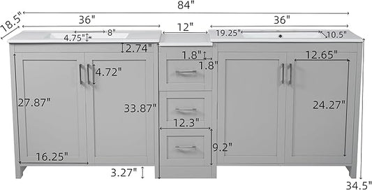 Merax 84 Inch Double Sink Bathroom Vanity with Quartz Countertop & Ceramic Basins, Bathroom Sink Vanity with Large Storage, Adjustable Shelves, 3 Drawers, Soft Close Hinges, Silver Handles, Grey