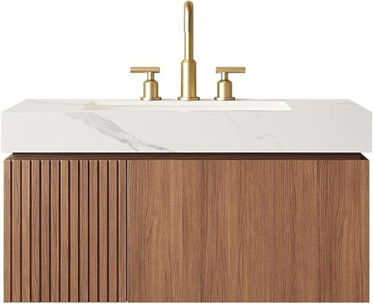 KEIKI 36 Inch Floating Bathroom Vanity with Sink, Brown Oak & White | Modern Wall Mounted Storage Cabinet w/ Drawer & Door, Pre-assembled Wood Panels, Sintered Stone Top & Ceramic Basin Combo Set