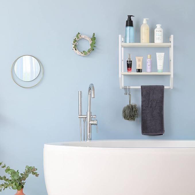OYEAL Bathroom Shelf with Towel Bar Wall Mounted | Towel RaRustic Towel Shelf for Bathroom with 5 Hooks, 2 Tier Shelf Storage Organizer for Living Room, Kitchen, Bedroom, White