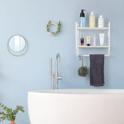 OYEAL Bathroom Shelf with Towel Bar Wall Mounted | Towel RaRustic Towel Shelf for Bathroom with 5 Hooks, 2 Tier Shelf Storage Organizer for Living Room, Kitchen, Bedroom, White