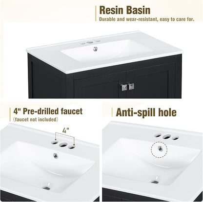 30" Freestanding Bathroom Vanity with Sink, Floor Stand Bathroom Storage Cabinet with Ceramic Sink, Doors with Double-Layered Storage Shelves, Modern Compact Vanity with Divided Drawer, Black