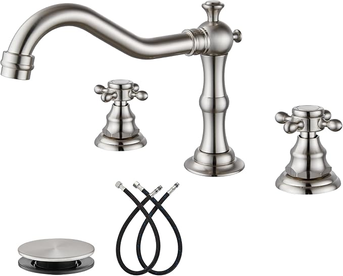 gotonovo 3 Hole 8’’ Widespread Bathroom Sink Faucet Brushed Nickel | Vintage Bathroom Faucet,2 Cross Handle,6-16’’ Sink,Vanity,Basin,RV,Farmhouse,SUS304,24’’ cUPC Hose Pop Up Drain,Deck Mount