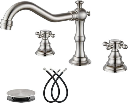 gotonovo 3 Hole 8’’ Widespread Bathroom Sink Faucet Brushed Nickel | Vintage Bathroom Faucet,2 Cross Handle,6-16’’ Sink,Vanity,Basin,RV,Farmhouse,SUS304,24’’ cUPC Hose Pop Up Drain,Deck Mount