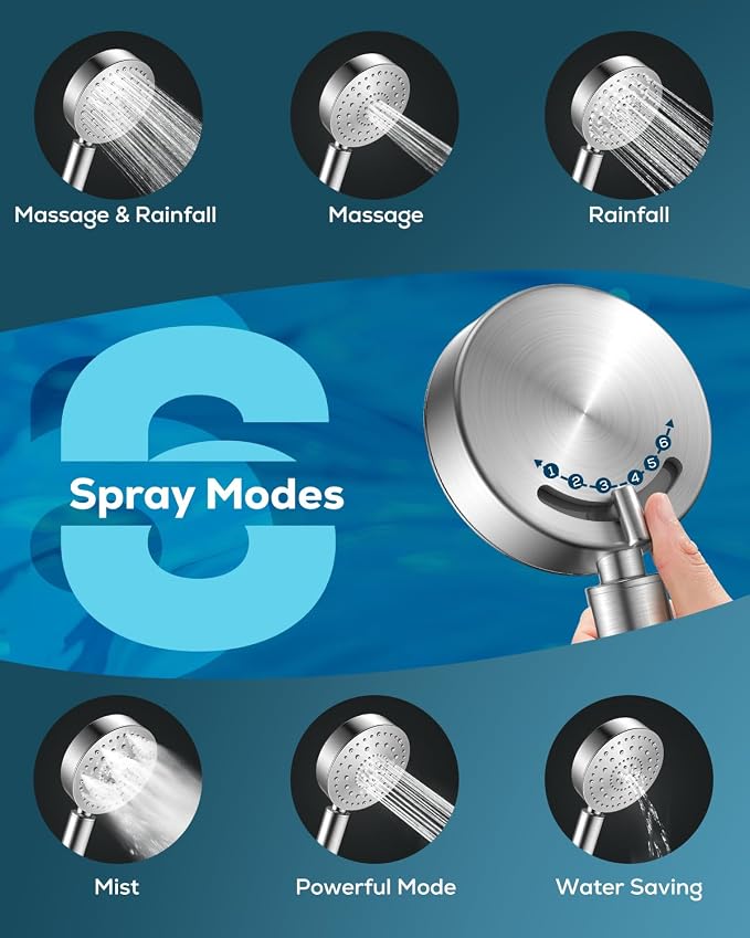 PWERAN Handheld Shower Head with 72" Hose, High Pressure Shower Heads | All Metal,6 Spray,Stainless Steel Showerheads,Built-in Pause Mode,Hand HeId Showerhead,Non-Clogging Nozzles,Adjustable Holder