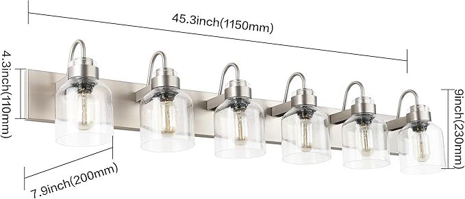 PRESDE Brushed Nickel 6 Light Bathroom Vanity Light for Bathroom Light Fixtures Over Mirror with Bubble Glass Globes Bath Vanity Lighting