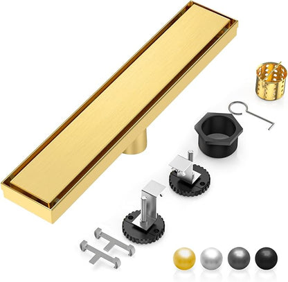DLONE® Linear Shower Drain - 18 Inch Brushed Gold, with Tile Insert Panel | AISI 304 Stainless Steel Linear Drain, Rectangle Shower Floor Drain, with Adjustable Feet, Fits Bathroom & Balcony etc