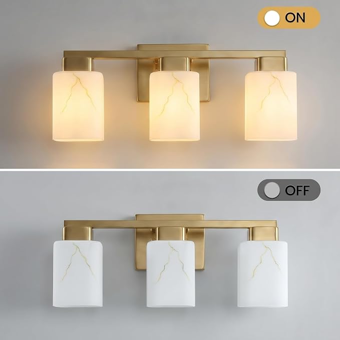 3-Light Square Bathroom Light Fixture, Gold Modern Vanity Light with White Marble Glass Shade, for Bathroom Mirror, Living Room, Bedroom, Hallway, E26 Base