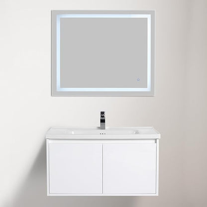 Blossom 36 Inch Wall Mounted Bathroom Vanity with Sink | Floating Wood Vanity Cabinet | Modern Soft-Close Doors & Storage | Ceramic Basin | Space-Saving Design (Glossy White, 36'' Ceramic Sink)