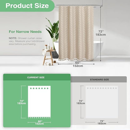Dynamene Stall Fabric Shower Curtain, 60x72 inch Narrow Boho Tufted Chevron Striped Cloth Bathroom Shower Curtain, Weighted Neutral Waterproof Shower Curtain Set with 10 Hooks, Wrinkle Free, Beige