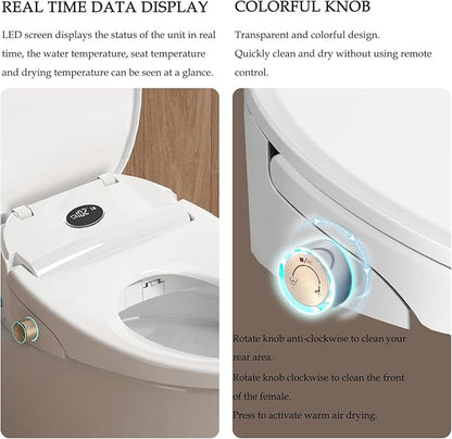 Bidet Toilet Seat, Bidet Seat with Remote Control, Warm Water Wash, Heated Seat, Air Dryer, Soft Close Lid, Night Light, Self Cleaning Nozzle, LED Display, Requires Outlet - Round