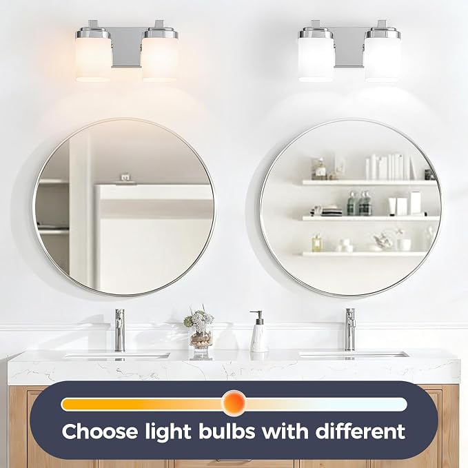 Lighting Fixtures Over Mirror, Small Bathroom Lamp Vanity Lights | 2-light chrome vanity lights for bathroom with milky white square glass shade, 10" modern farmhouse bathroom light fixtures