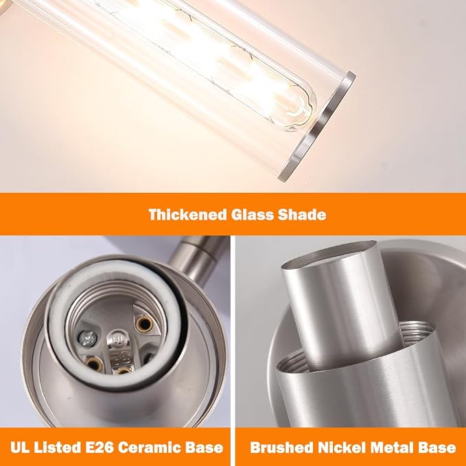 Brushed Nickel Wall Sconces Set of 2 (Hardwired Only), Bathroom Vanity Light Fixtures, Modern Cylinder Glass Wall Lights for Mirror 28-40 in Height, NOT Battery Operated, E26 Base (Bulbs Not Included)