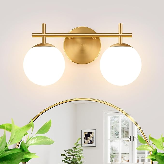 2-Light Bathroom Light Fixtures, Brushed Gold Vanity Lights for Bathroom with Milky White Glass Shade, Bathroom Lighting Fixtures Over Mirror, Wall Sconce for Bedroom (Bulb Not Included)