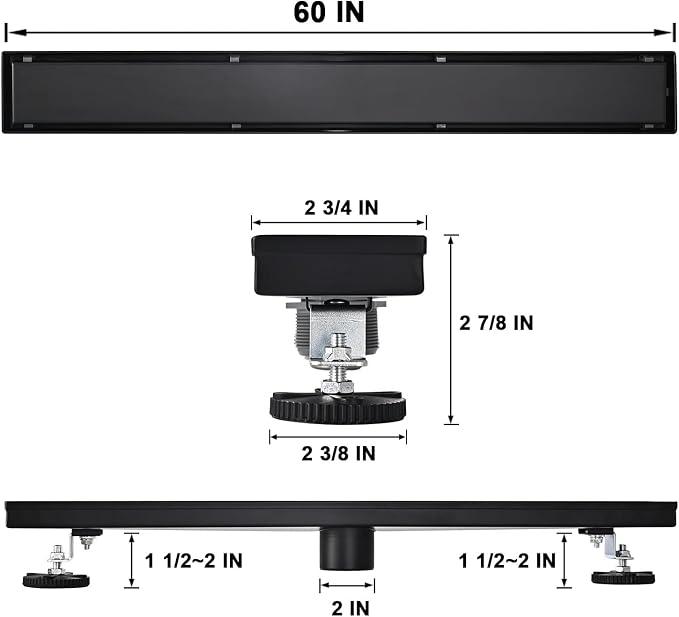 Linear Shower Floor Drain, Black 60 Inch 304 Stainless Steel Bathroom Drains Kit, Rectangular Shower Trench Drain with Reversable Tile-in Pattern Drain Cover & Hair Catcher