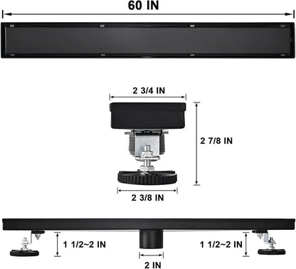 Linear Shower Floor Drain, Black 60 Inch 304 Stainless Steel Bathroom Drains Kit, Rectangular Shower Trench Drain with Reversable Tile-in Pattern Drain Cover & Hair Catcher
