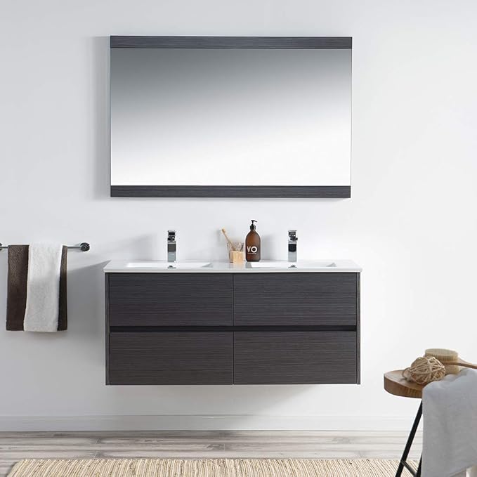 Blossom 48 inch Bathroom Vanity with Sink, Double Ceramic Sink Wall Mounted Floating Bathroom Vanity Cabinet, All Wood Bathroom Storage Organizer, Soft-Closing U-Shaped Cutout Drawers, Silver Grey