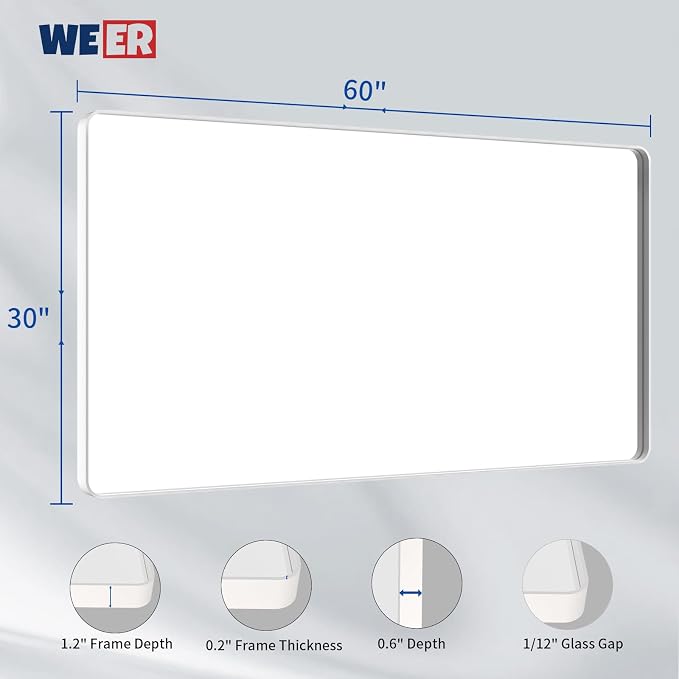 WEER White Metal Framed Bathroom Mirror 60x30 Inch | Rounded Rectangle, Matte White Framed, Tempered Glass, Anti-Rust, Hangs Horizontally or Vertically