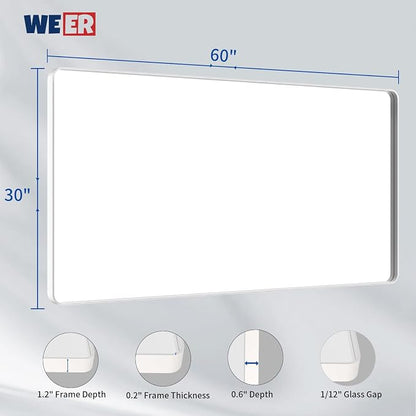 WEER White Metal Framed Bathroom Mirror 60x30 Inch | Rounded Rectangle, Matte White Framed, Tempered Glass, Anti-Rust, Hangs Horizontally or Vertically