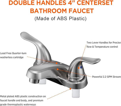 Bathroom Sink Faucets 2/3 Hole,Brushed Nickel Dual Handles 4 inch Plastic Plating Over Bathroom Faucet with Pop-up Drain and 2 Supply Hoses for Apartment Rvs Sink Vanity