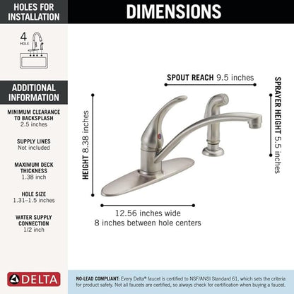 Delta Foundations Brushed Nickel Kitchen Faucet with Side Sprayer, Contemporary 4 Hole Kitchen Sink Faucet, Single Handle, Stainless B4410LF-SS