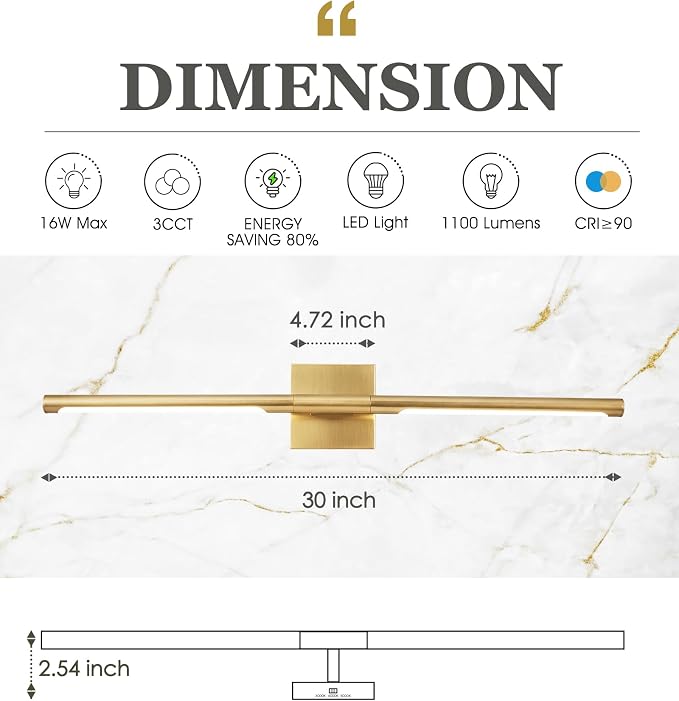 30 Inch Bathroom Light Fixtures, 16W 3CCT Dimmable CRI90 Brushed Gold LED Vanity Lighting Fixtures Over Mirror, 360° Rotatable Modern Bathroom Vanity Light Bar, AD-W9465-L75-GD