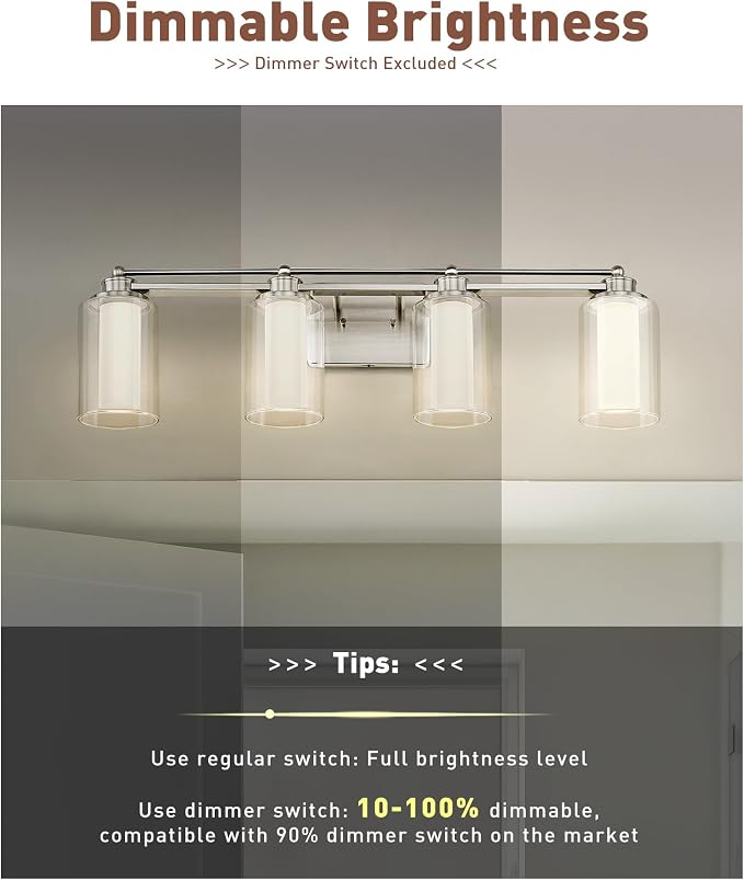 HWH Bathroom Vanity Light, Brushed Nickel, 4-Light, 5CCT, 5HLT63B-4W-LED BN | 4 Light Modern Bathroom Vanity Lights Over Mirror, Brushed Nickel Dimmable 24W LED, Dimmable Integrated LED Lighting