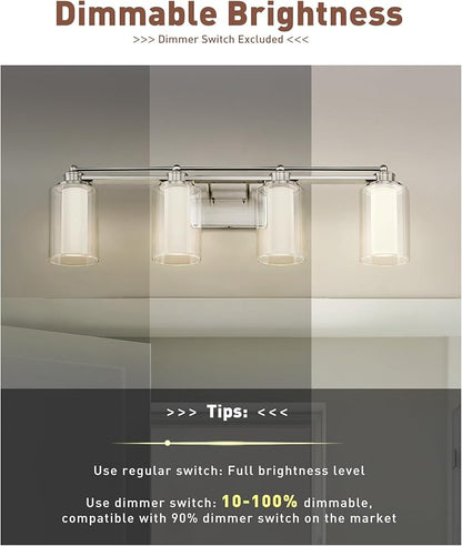 HWH Bathroom Vanity Light, Brushed Nickel, 4-Light, 5CCT, 5HLT63B-4W-LED BN | 4 Light Modern Bathroom Vanity Lights Over Mirror, Brushed Nickel Dimmable 24W LED, Dimmable Integrated LED Lighting