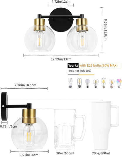 WILON 2-Light Bathroom Vanity Light Fixture Over Mirror, Black and Gold Sconces with Clear Globe Glass Shades, E26 Base Wall Lamp for Living Room Bedroom Stairway