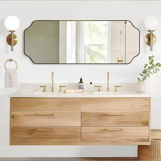 18" x 48" Full Length Wall Mirror, Large Brushed Gold Bathroom Mirror for Wall, Scalloped Corner Rectangle Body Mirror for Floor and Leaning