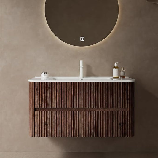 36" Floating Bathroom Vanity with Sink, Wall Mounted Modern Bathroom Cabinet with 2 Soft Close Drawers, Oak & Plywood, Pre-Assembled with Integrated Ceramic Basin – Bruges, Retro Walnut