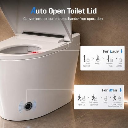 Smart Toilet with Bidet Built in, Tankless Smart Toilet 12 Inch Rough In, Auto Open and Close Lid, Heated Seat, Warm Air Dryer, Foot Sensor Operation, LED Display & Night Light, 1000g MaP