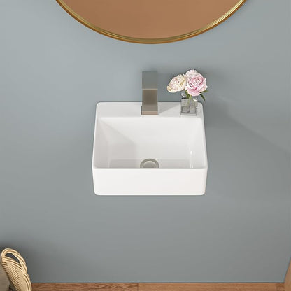 Sarlai Wall Mount Hung Small Vessel Sink - 13"x11" Floating Vessel Sink Wall Mounted Small Bathroom Sinks Tiny Modern Rectangle Floating White Porcelain Ceramic Vanity Sink