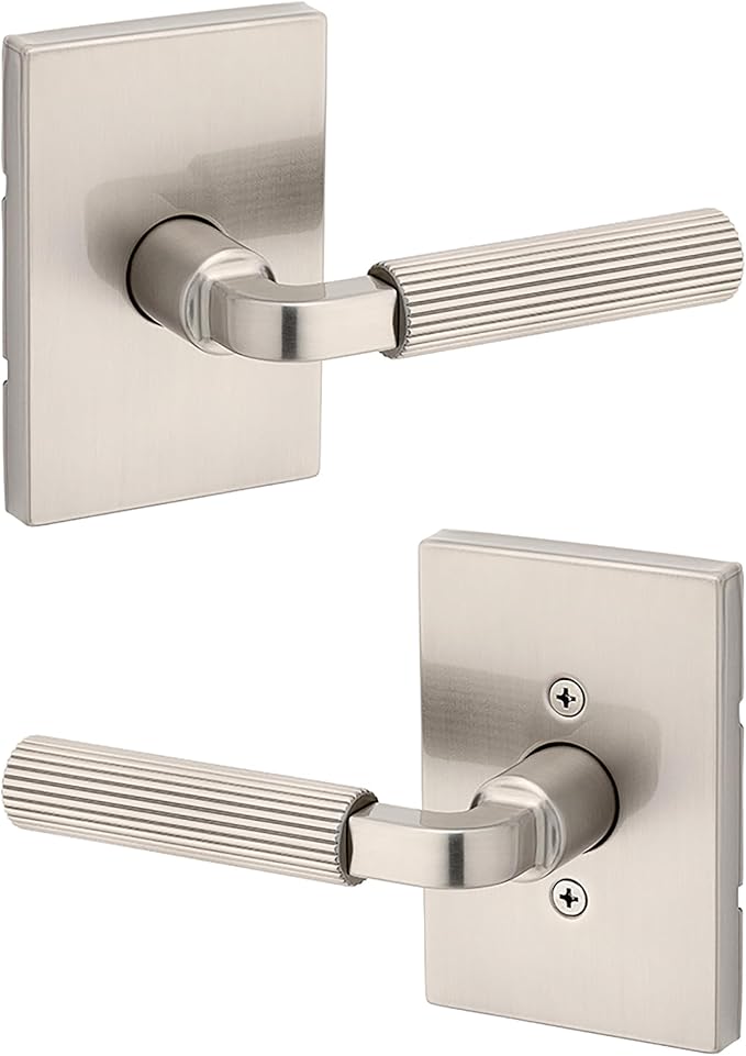 Kwikset Mirada Reeded Interior Passage Door Handle, Lever for Closet and Hallway Doors, Reversible Non-Locking Handle Lever, Satin Nickel, with Microban Protection