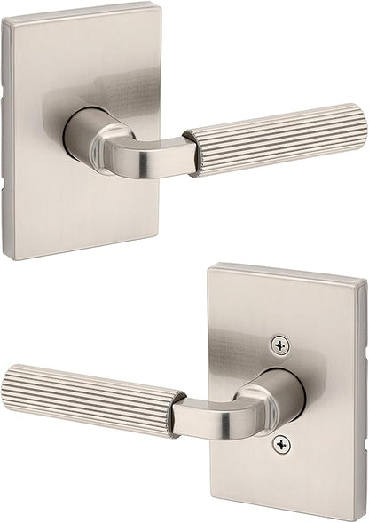 Kwikset Mirada Reeded Interior Passage Door Handle, Lever for Closet and Hallway Doors, Reversible Non-Locking Handle Lever, Satin Nickel, with Microban Protection