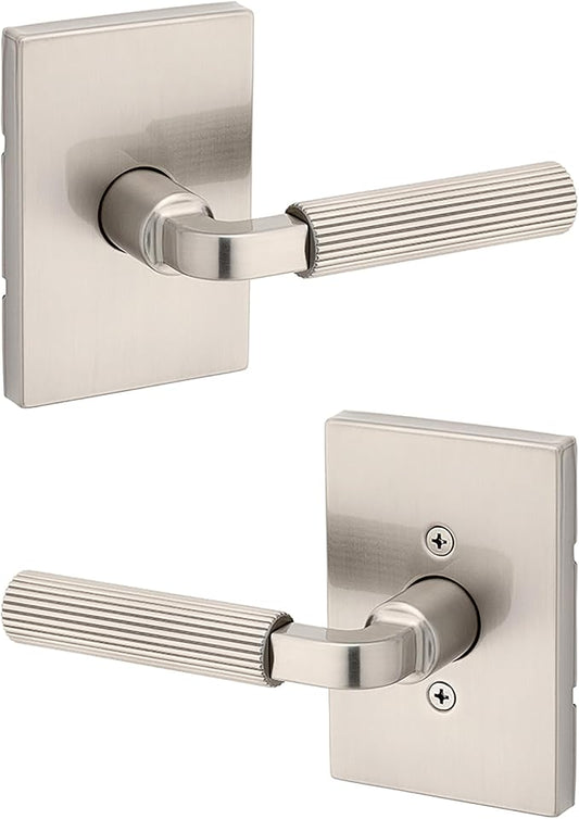 Kwikset Mirada Reeded Interior Passage Door Handle, Lever for Closet and Hallway Doors, Reversible Non-Locking Handle Lever, Satin Nickel, with Microban Protection