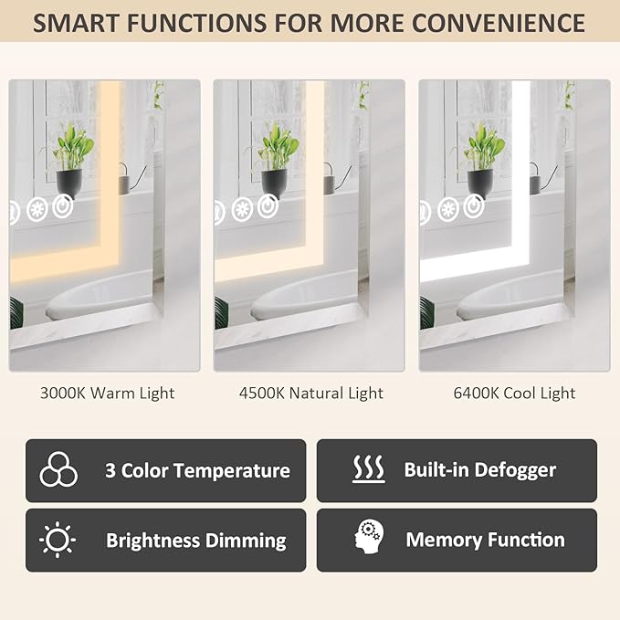 16X24 Inch Bathroom Medicine Cabinet, Adjustable 3-Color Brightness Dimming LED Mirror Recessed, Black