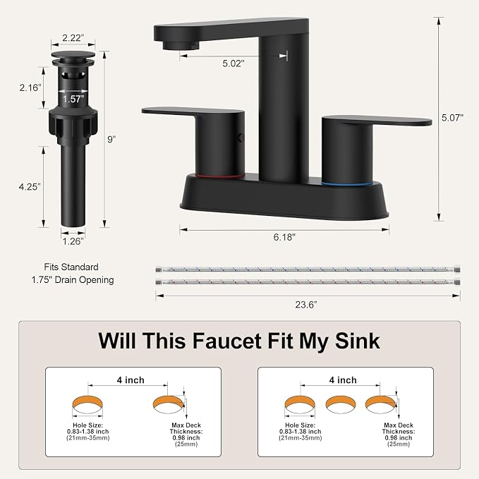 BWE Matte Black Bathroom Faucets 4 Inch Centerset Faucet for Bathroom Sink | 2 or 3 Hole Basin 2-Handle 360° Swivel Spout Bathroom Sink Faucet with Pop up Drain Water Supply Hose for Farmhouse Vanity RV
