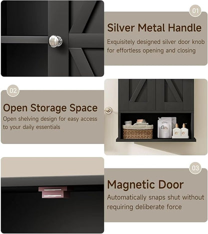 15" W x 19.7" H Black Medicine Cabinet with 2 Barn Doors, Small Farmhouse Bathroom Wall Cabinet with Adjustable Shelf, Wooden Over the Toilet Storage Cabinet for Kitchen, Laundry, Entryway