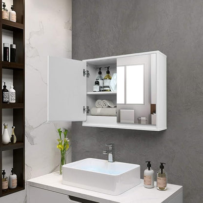 Tangkula Bathroom Medicine Cabinet, 2-Tier Wall-Mounted Storage Cabinet with Double Mirror Doors, Multipurpose Kitchen Bathroom Medicine Storage Cabinet, White (22" x 18")