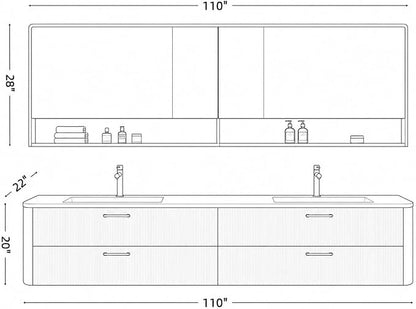 110 in Double Bathroom Vanity with Sinks - Modern Floating Bathroom Vanity with Solid Wood Cabinet, Anti-Fog Mirror and Integrated Stone Sinks | Wall Mounted Design | Ample Storage