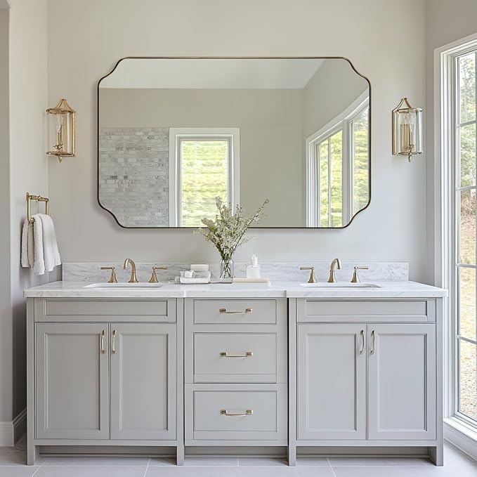 30"x48" Gold Bathroom Mirror, Large Scalloped Wall Mirror, Brushed Brass Mirror in Anti-Rust Stainless Steel Metal, Unique Scalloped Edge Design Decorative for Bathroom, Powder Room