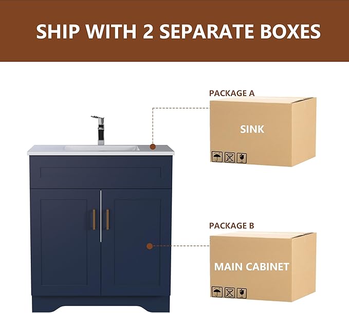 Bathroom 24" Vanity with Ceramic Sink, Wooden Double Door Bathroom Storage Cabinet, Freestanding Cabinet Vanity with Sink (Paint, Blue,24")