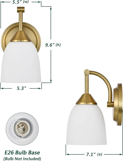 Traditional 1-Light Indoor Gold Wall Sconce with Frosted Glass Bathroom Bedroom Hallway, 9.6" H x 5.5" W, Aged Brass