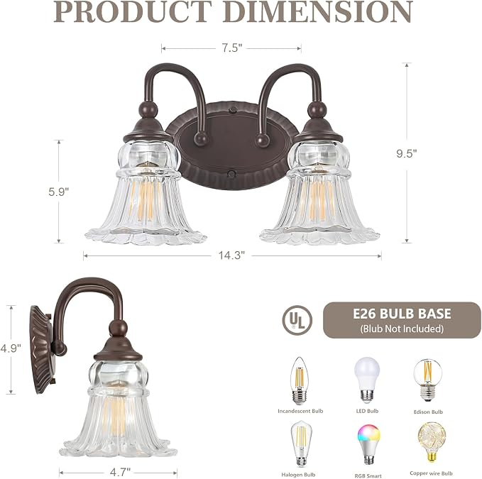 2-Light Vintage Bathroom Light Fixtures, Oil Rubbed Bronze | Vanity Lights Over Mirror with Floral Glass Shade for Bathroom Powder Room, Living Room Hallway