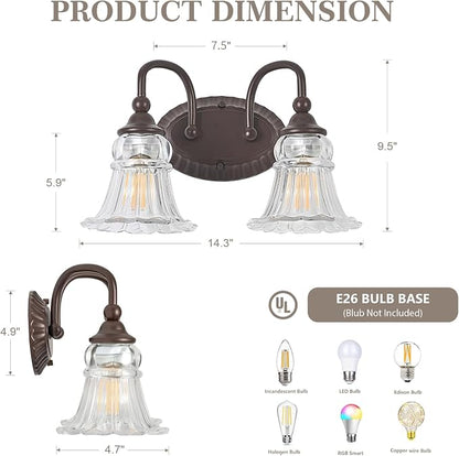 2-Light Vintage Bathroom Light Fixtures, Oil Rubbed Bronze | Vanity Lights Over Mirror with Floral Glass Shade for Bathroom Powder Room, Living Room Hallway