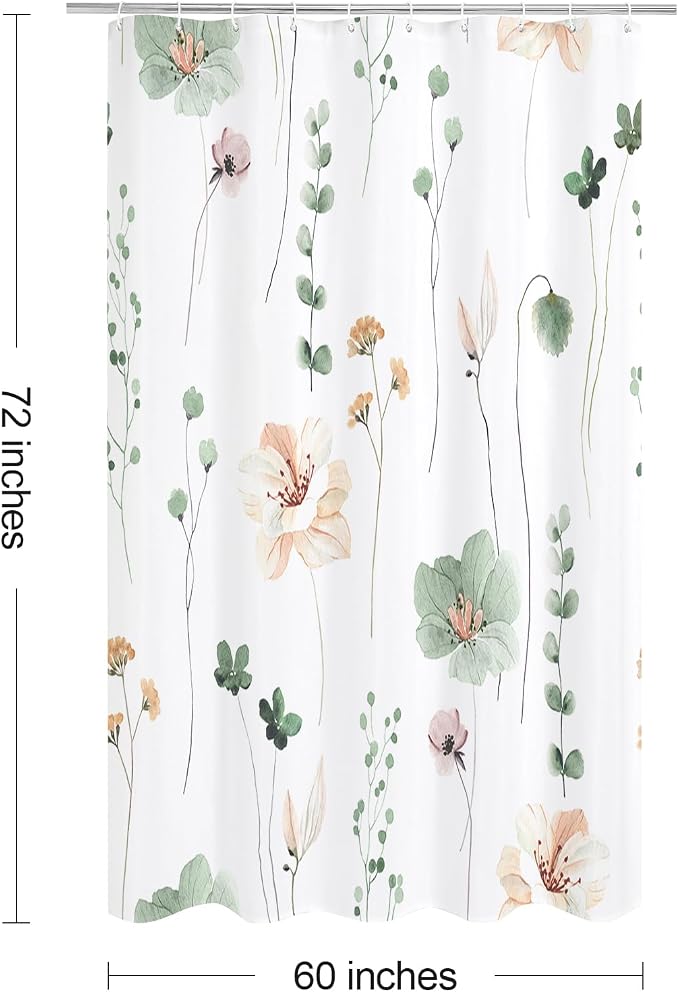 Sage Green Beige Watercolor Floral Fabric Shower Curtain, 60x72 | Waterproof Fabric, Modern Minimalist Floral Print, Machine Washable, Rustproof Grommets, for Bathroom Home, Stall