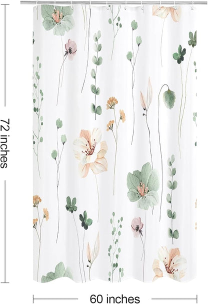 Sage Green Beige Watercolor Floral Fabric Shower Curtain, 60x72 | Waterproof Fabric, Modern Minimalist Floral Print, Machine Washable, Rustproof Grommets, for Bathroom Home, Stall